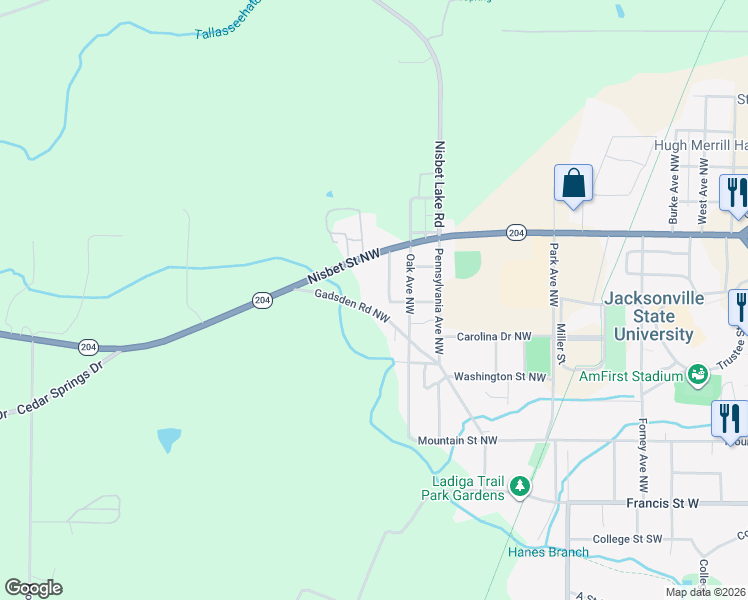 map of restaurants, bars, coffee shops, grocery stores, and more near 619 Gadsden Road Northwest in Jacksonville