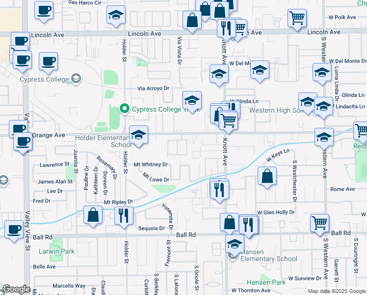 map of restaurants, bars, coffee shops, grocery stores, and more near 9531 Montanza Way in Buena Park