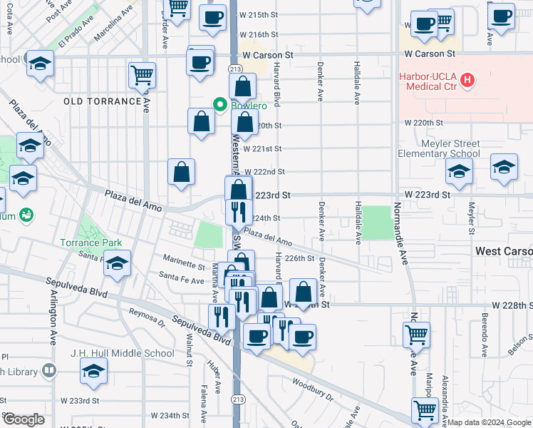 map of restaurants, bars, coffee shops, grocery stores, and more near 1617 West 224th Street in Torrance