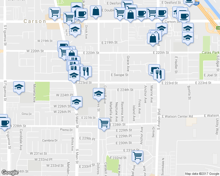 map of restaurants, bars, coffee shops, grocery stores, and more near 347 East 224th Street in Carson