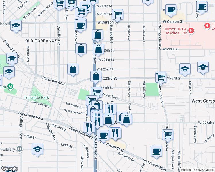map of restaurants, bars, coffee shops, grocery stores, and more near 1617 West 224th Street in Torrance