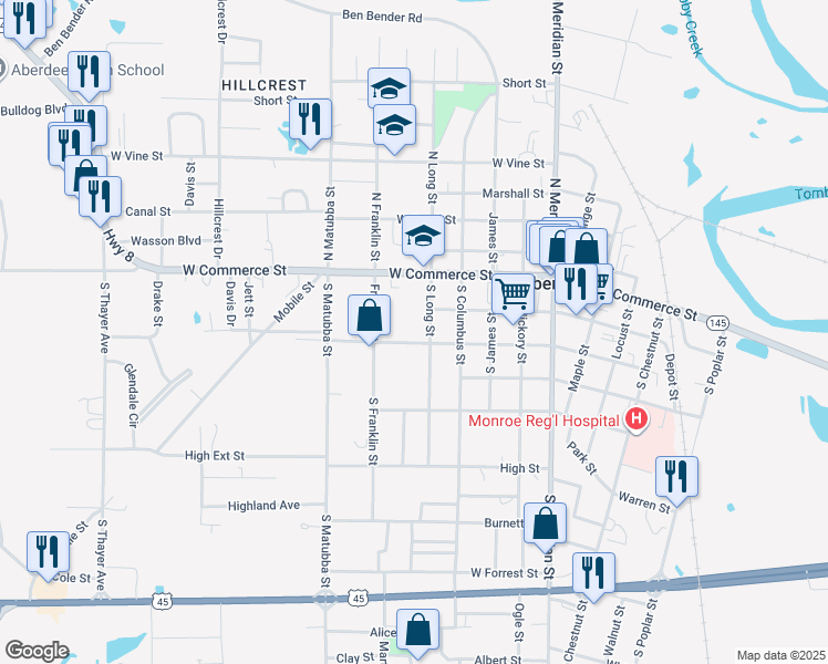 map of restaurants, bars, coffee shops, grocery stores, and more near 506 West Jefferson Street in Aberdeen