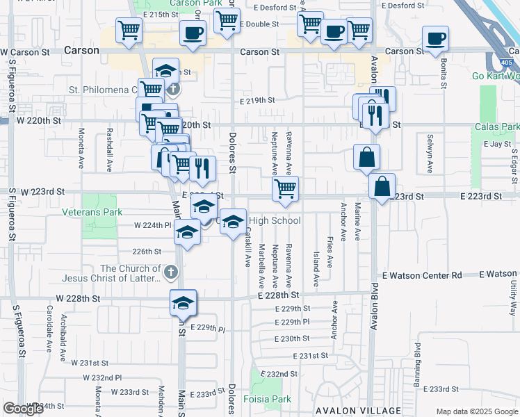 map of restaurants, bars, coffee shops, grocery stores, and more near 347 East 224th Street in Carson