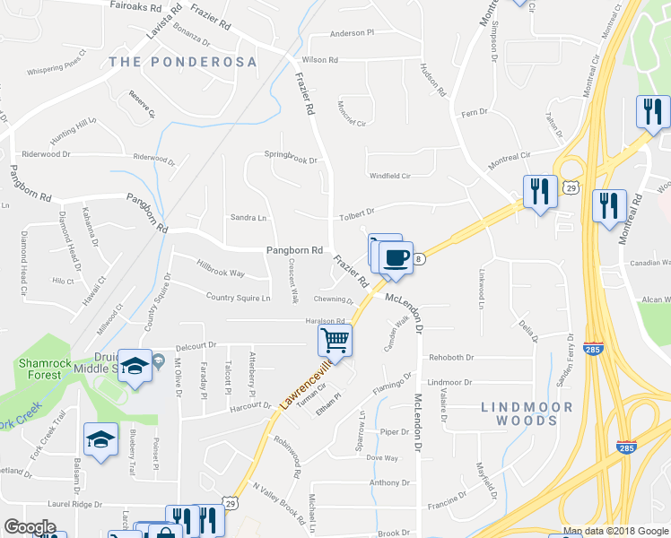 map of restaurants, bars, coffee shops, grocery stores, and more near 1474 Frazier Road in Decatur