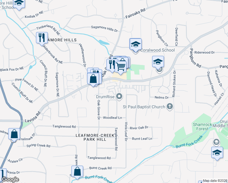 map of restaurants, bars, coffee shops, grocery stores, and more near 1466 Leafmore Place in Decatur