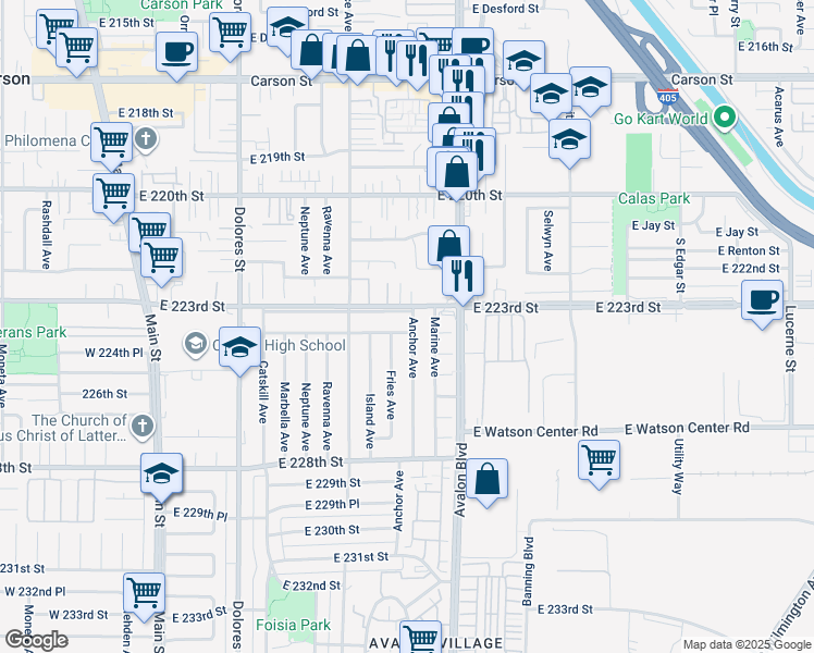 map of restaurants, bars, coffee shops, grocery stores, and more near 569 East 224th Street in Carson
