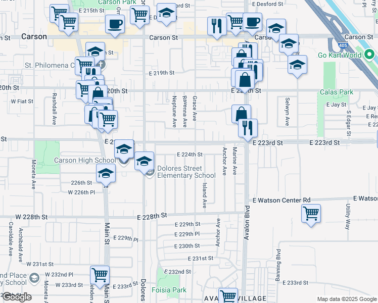 map of restaurants, bars, coffee shops, grocery stores, and more near 433 East 224th Street in Carson