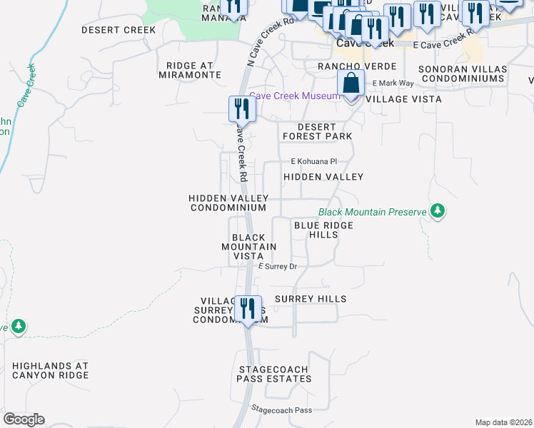map of restaurants, bars, coffee shops, grocery stores, and more near 37234 North Kohuana Place in Cave Creek