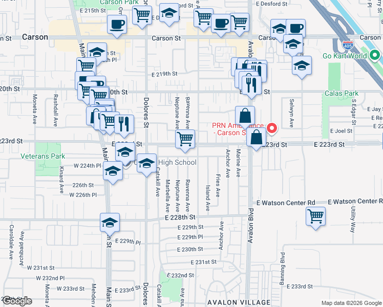 map of restaurants, bars, coffee shops, grocery stores, and more near 433 East 224th Street in Carson