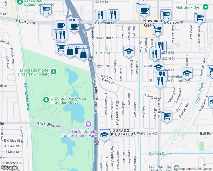 map of restaurants, bars, coffee shops, grocery stores, and more near 7854 East Crest Circle in Long Beach