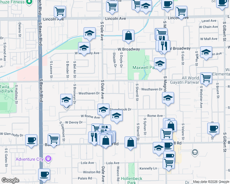 map of restaurants, bars, coffee shops, grocery stores, and more near 629 Shields Drive in Anaheim