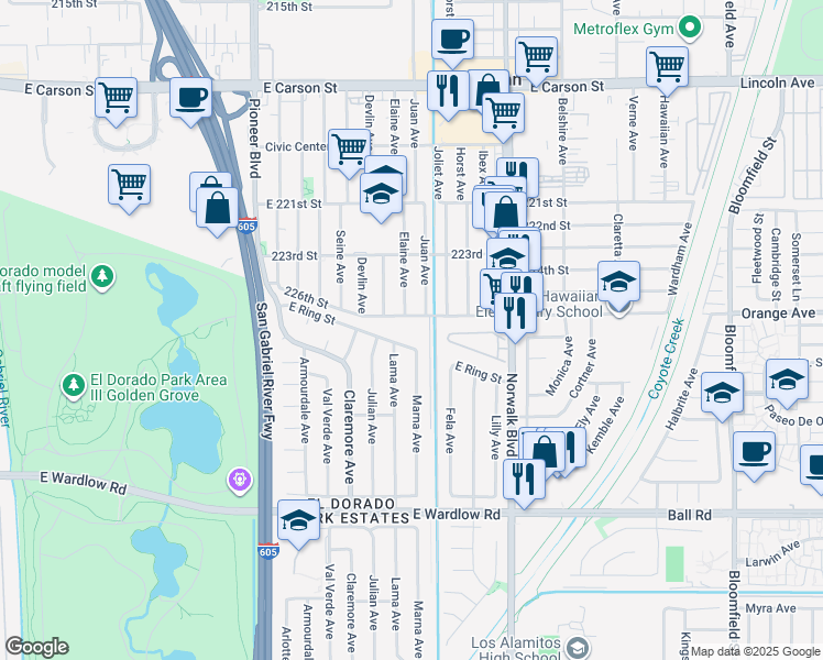 map of restaurants, bars, coffee shops, grocery stores, and more near 12030 226th Street in Hawaiian Gardens