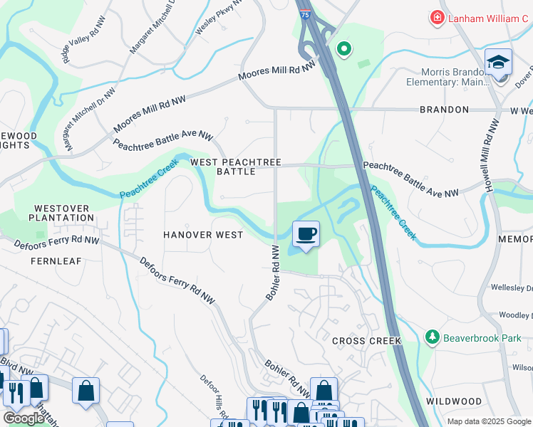 map of restaurants, bars, coffee shops, grocery stores, and more near 2530 Bohler Road Northwest in Atlanta