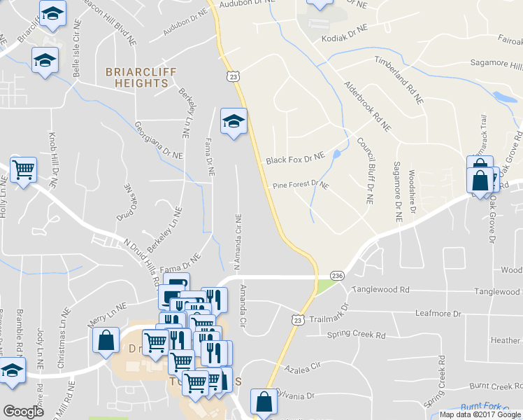 map of restaurants, bars, coffee shops, grocery stores, and more near 2338 Clairmont Road in Atlanta