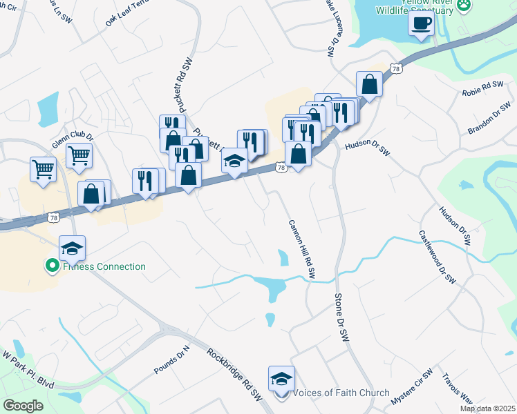 map of restaurants, bars, coffee shops, grocery stores, and more near 2226 Camp Circle Southwest in Lilburn