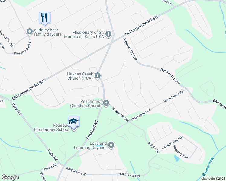 map of restaurants, bars, coffee shops, grocery stores, and more near 4061 Edenbrooke Circle Southwest in Loganville