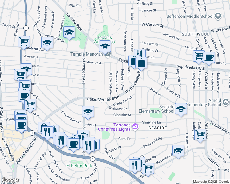 map of restaurants, bars, coffee shops, grocery stores, and more near 22519 Warmside Avenue in Torrance