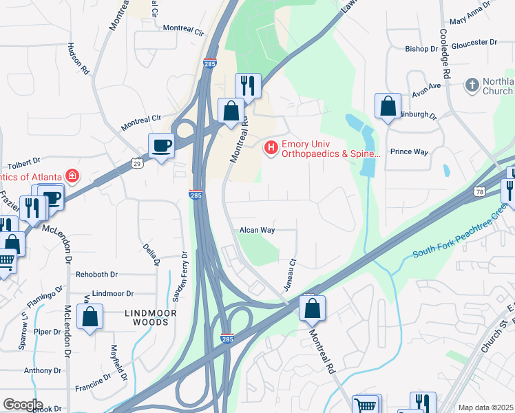 map of restaurants, bars, coffee shops, grocery stores, and more near 3421 Canadian Way in Tucker