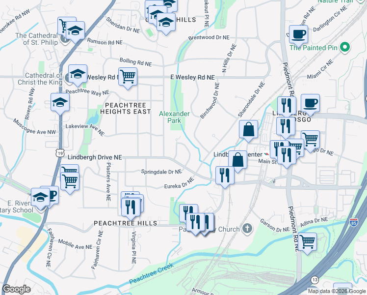 map of restaurants, bars, coffee shops, grocery stores, and more near 414 Springdale Drive Northeast in Atlanta