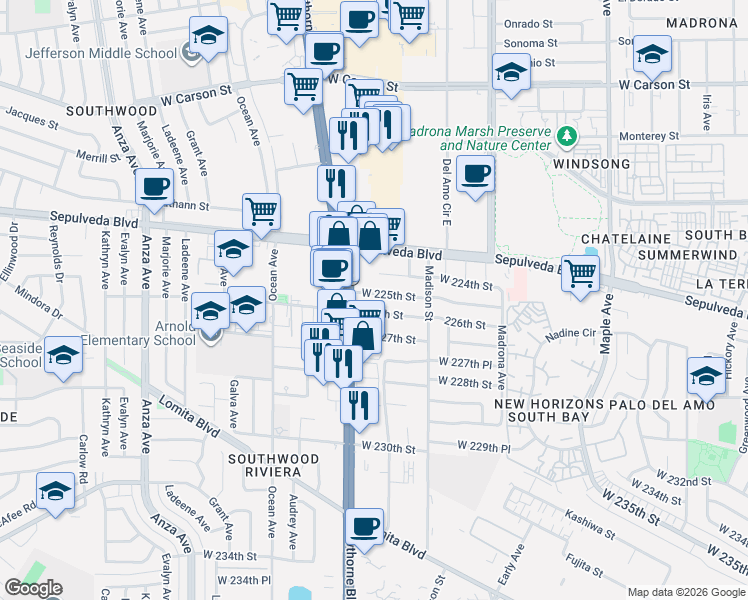 map of restaurants, bars, coffee shops, grocery stores, and more near 3718 West 225th Street in Torrance
