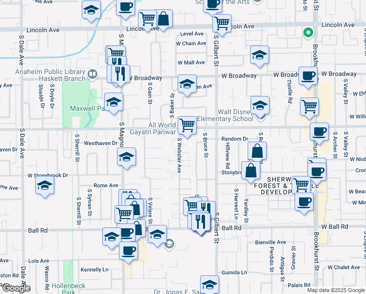 map of restaurants, bars, coffee shops, grocery stores, and more near 636 South Webster Avenue in Anaheim