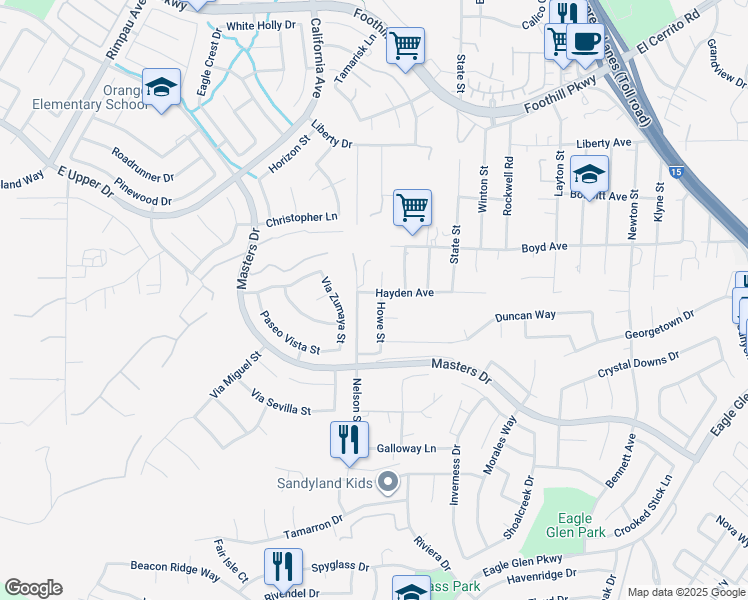 map of restaurants, bars, coffee shops, grocery stores, and more near 3702 Howe Street in Corona