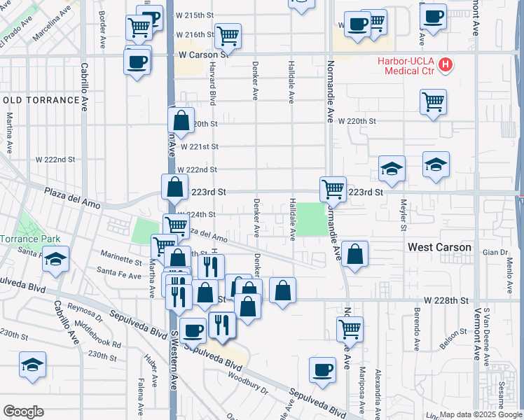 map of restaurants, bars, coffee shops, grocery stores, and more near 22328 Denker Avenue in Torrance