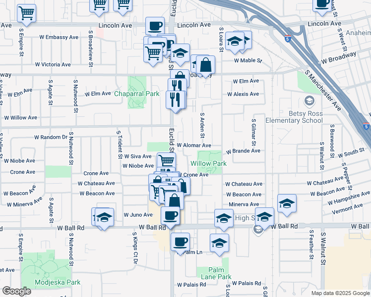 map of restaurants, bars, coffee shops, grocery stores, and more near 1662 West Alomar Avenue in Anaheim