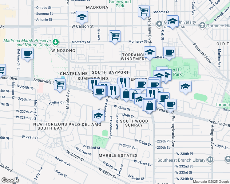 map of restaurants, bars, coffee shops, grocery stores, and more near 2801 Sepulveda Boulevard in Torrance