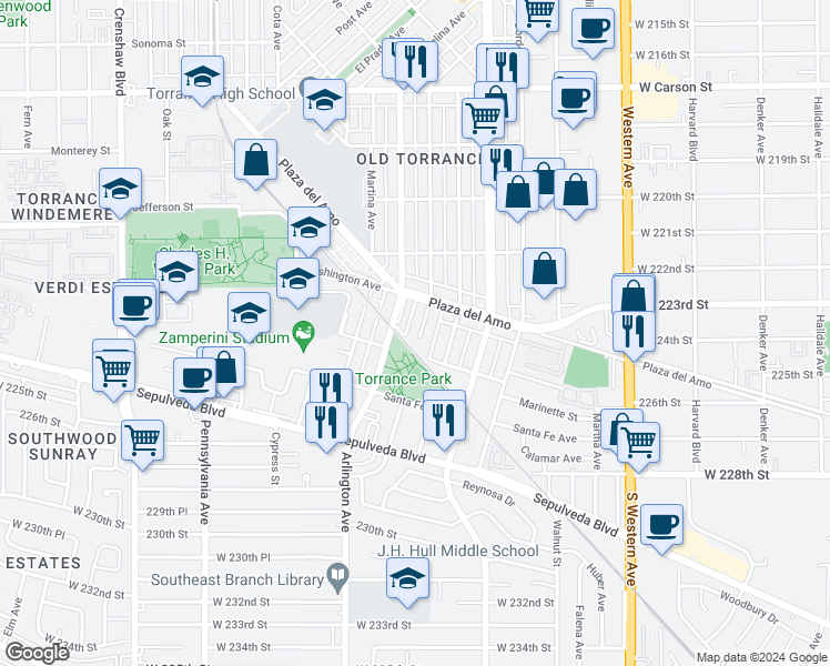 map of restaurants, bars, coffee shops, grocery stores, and more near 2431 Gramercy Avenue in Torrance