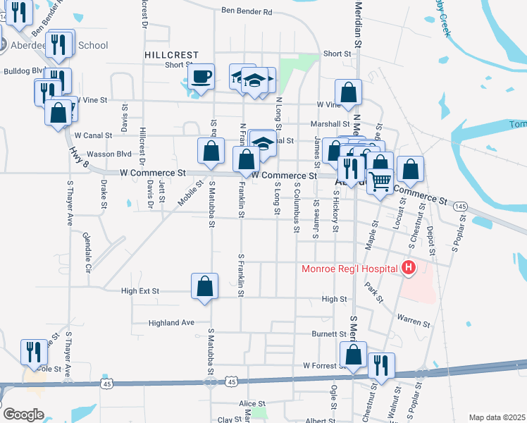 map of restaurants, bars, coffee shops, grocery stores, and more near 506 W Jefferson St in Aberdeen