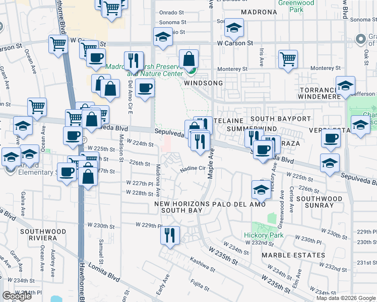 map of restaurants, bars, coffee shops, grocery stores, and more near 3120 Sepulveda Boulevard in Torrance