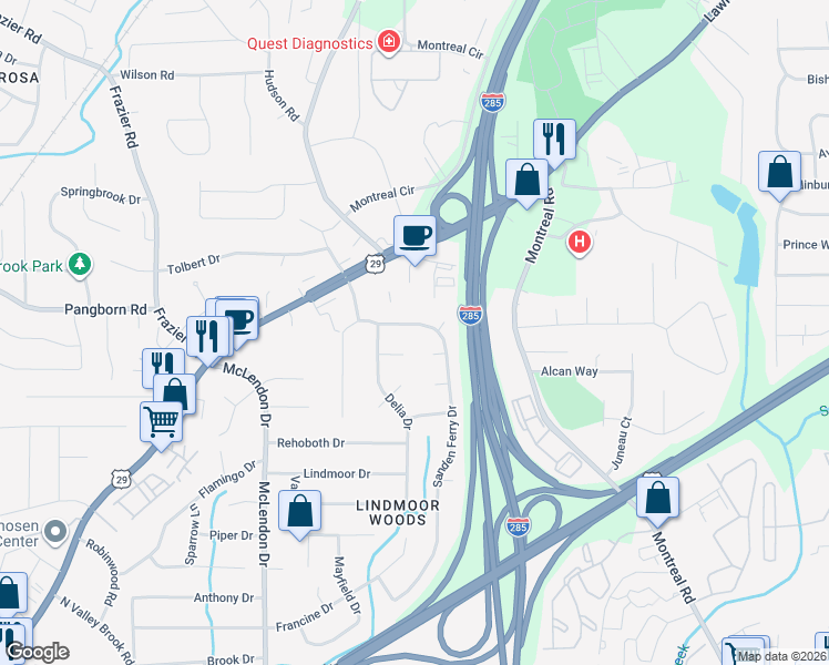 map of restaurants, bars, coffee shops, grocery stores, and more near 1490 Sanden Ferry Drive in Decatur