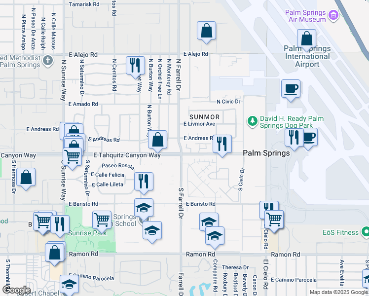 map of restaurants, bars, coffee shops, grocery stores, and more near 2600 East Tahquitz Canyon Way in Palm Springs