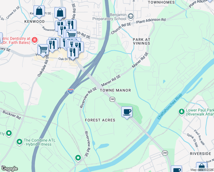 map of restaurants, bars, coffee shops, grocery stores, and more near 2304 Towneheights Terrace Southeast in Atlanta