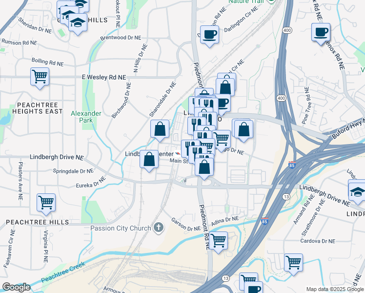 map of restaurants, bars, coffee shops, grocery stores, and more near 223 Morosgo Drive Northeast in Atlanta