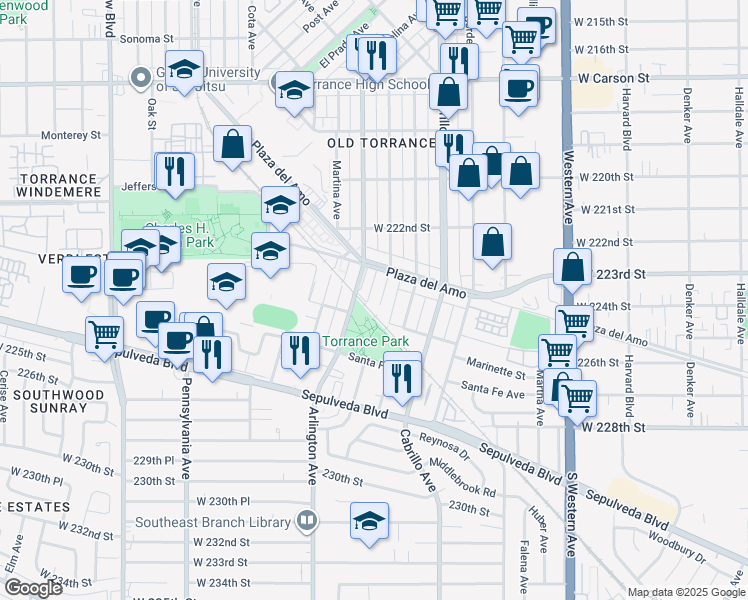 map of restaurants, bars, coffee shops, grocery stores, and more near 2431 Gramercy Avenue in Torrance