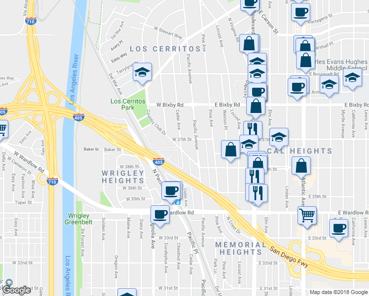 map of restaurants, bars, coffee shops, grocery stores, and more near 3636 North Country Club Drive in Long Beach