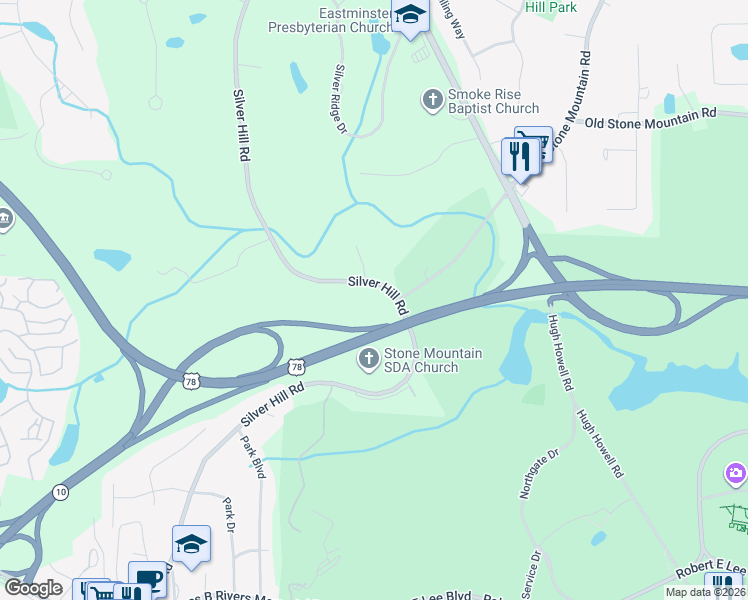 map of restaurants, bars, coffee shops, grocery stores, and more near 1454 Silver Hill Road in Stone Mountain