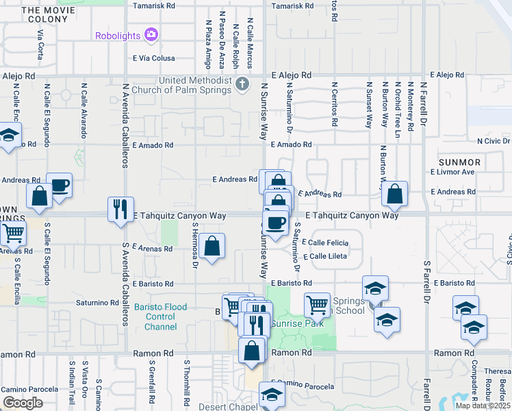 map of restaurants, bars, coffee shops, grocery stores, and more near in Palm Springs
