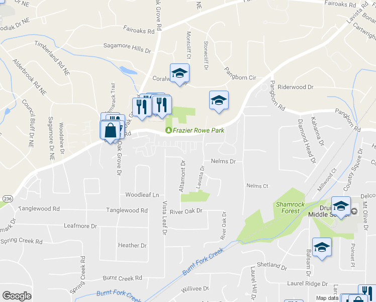 map of restaurants, bars, coffee shops, grocery stores, and more near 1473 Leafview Road in Decatur
