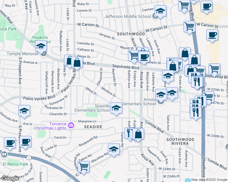 map of restaurants, bars, coffee shops, grocery stores, and more near 22527 Reynolds Drive in Torrance