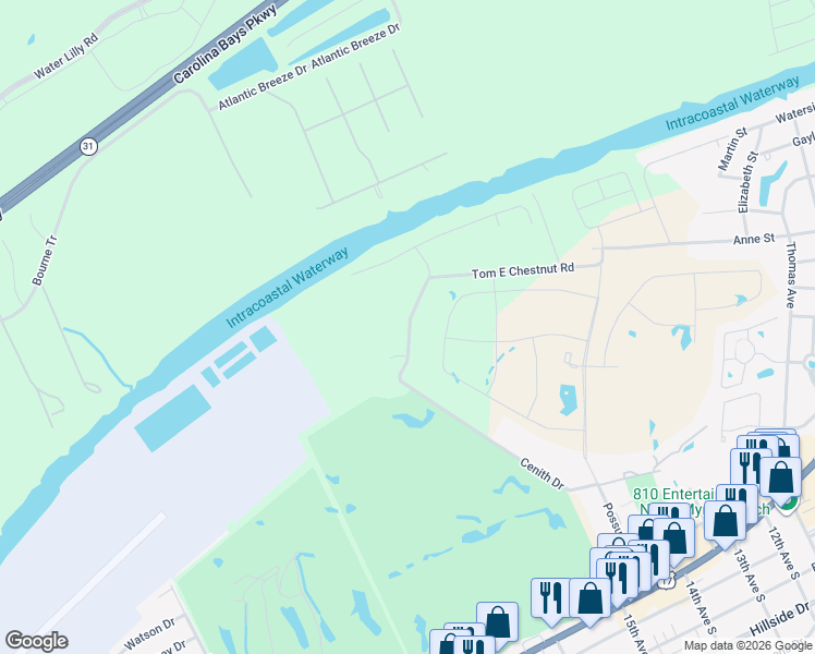 map of restaurants, bars, coffee shops, grocery stores, and more near 1765 Tom E Chestnut Road in North Myrtle Beach