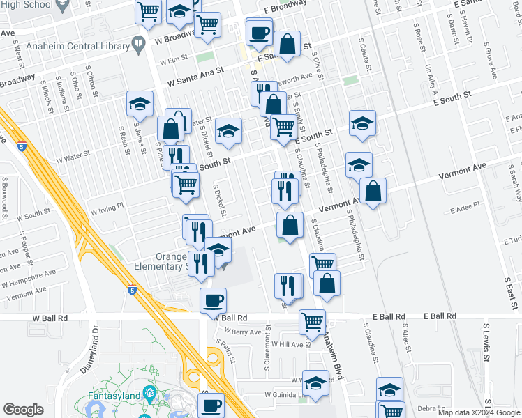 map of restaurants, bars, coffee shops, grocery stores, and more near 140 West Midway Manor in Anaheim