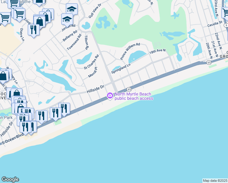 map of restaurants, bars, coffee shops, grocery stores, and more near 201 11th Avenue North in North Myrtle Beach