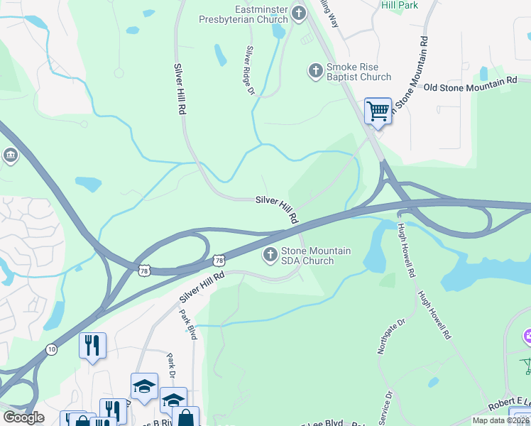 map of restaurants, bars, coffee shops, grocery stores, and more near 1454 Silver Hill Road in Stone Mountain