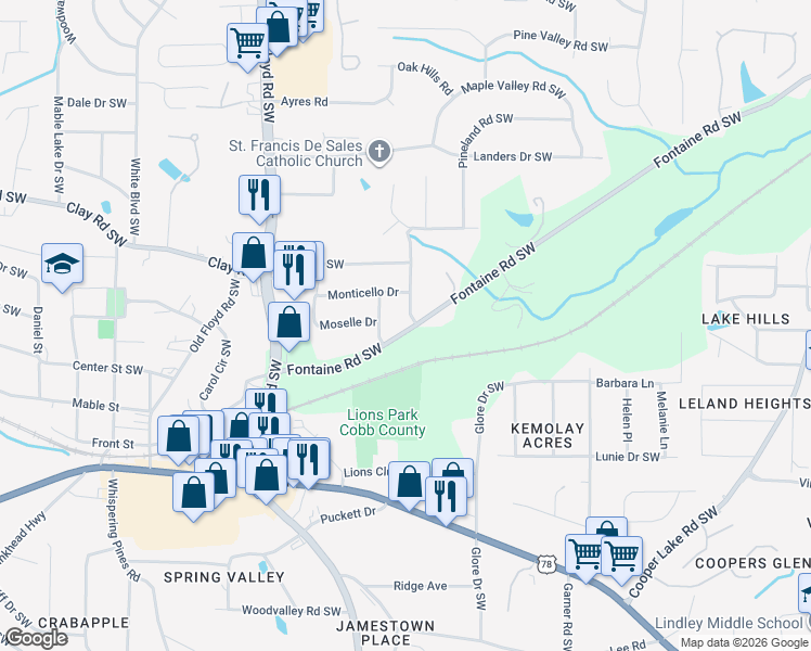 map of restaurants, bars, coffee shops, grocery stores, and more near 560 Fontaine Road Southwest in Mableton