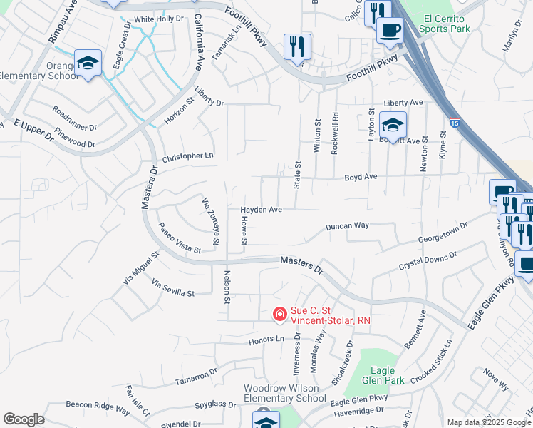 map of restaurants, bars, coffee shops, grocery stores, and more near 1718 Hayden Avenue in Corona