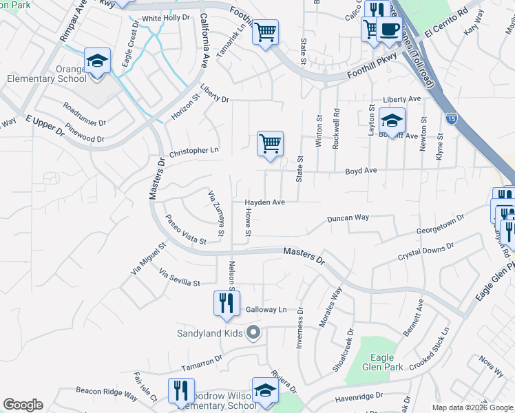 map of restaurants, bars, coffee shops, grocery stores, and more near 3702 Howe Street in Corona