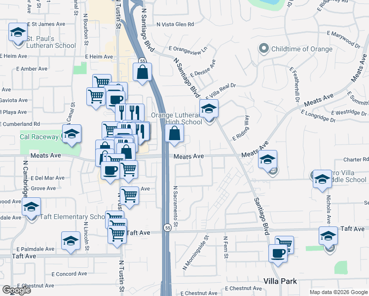 map of restaurants, bars, coffee shops, grocery stores, and more near 2136 North Pami Circle in Orange